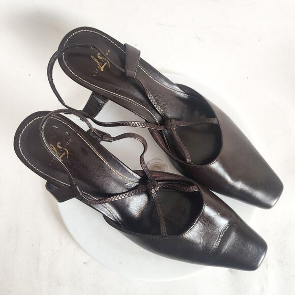 90s Y2K Life Stride Heels 8 Narrow Brown Pointy Square Toe Slingback Leather - Picture 9 of 12